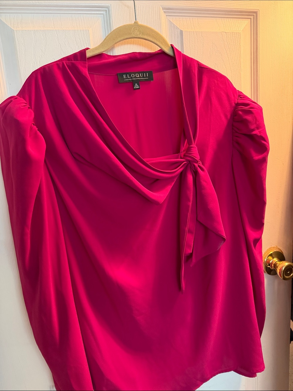 Eloquii Hot Pink Tie-Neck Blouse with Puff Sleeves